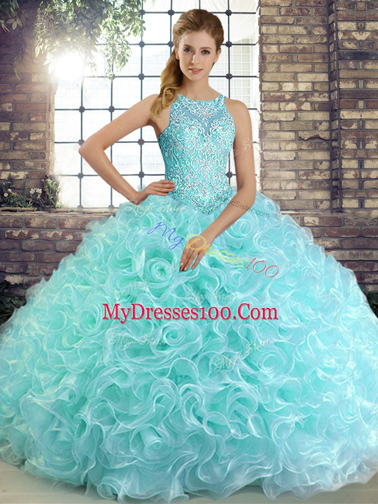 Fabric With Rolling Flowers Sleeveless Floor Length Quince Ball Gowns and Beading
