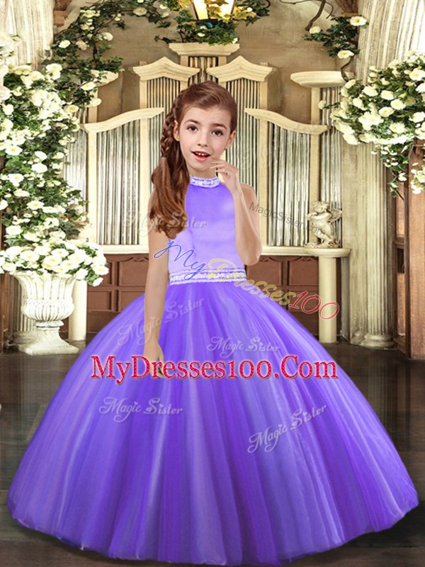 Halter Top Sleeveless Backless Little Girl Pageant Gowns Lavender Tulle