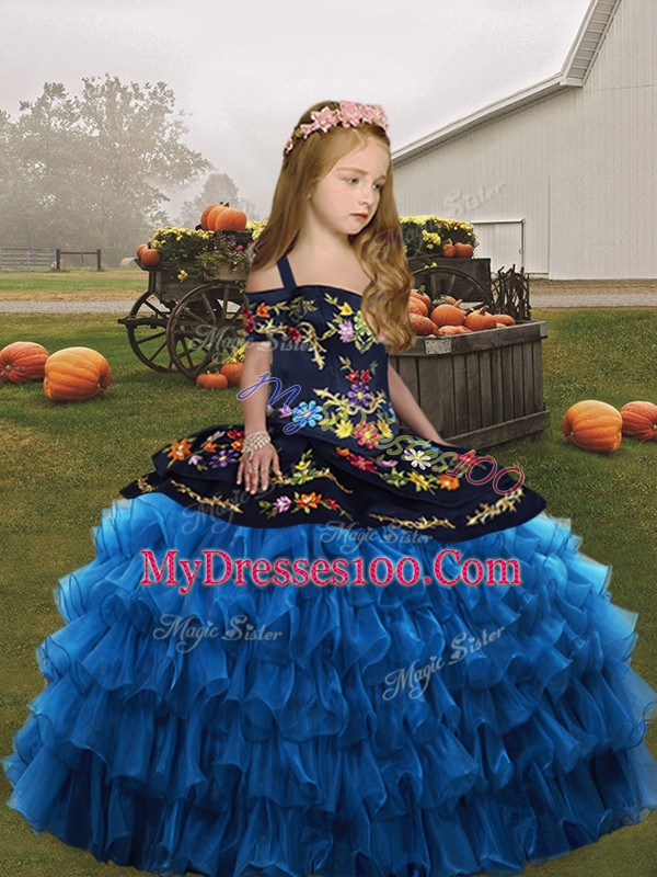 Floor Length Blue Little Girl Pageant Dress Organza Sleeveless Embroidery and Ruffled Layers