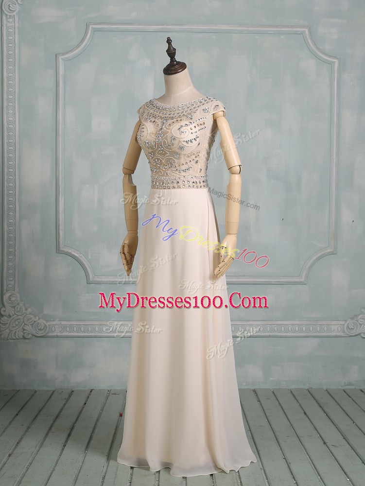 Beading Bridal Gown Champagne Zipper Cap Sleeves Floor Length