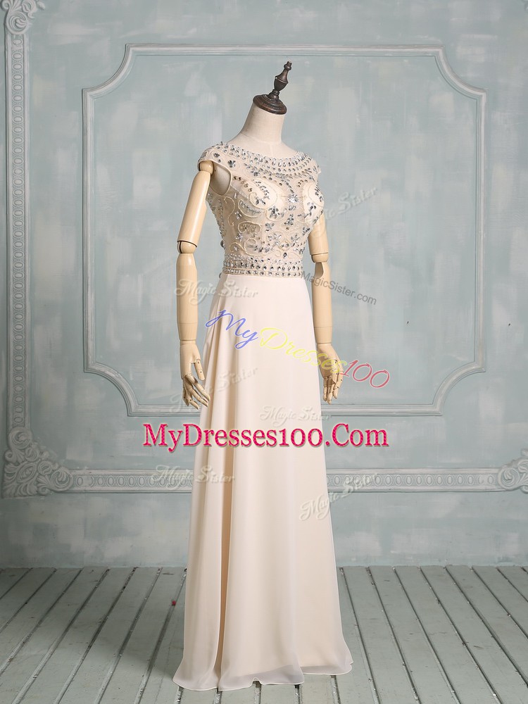 Beading Bridal Gown Champagne Zipper Cap Sleeves Floor Length