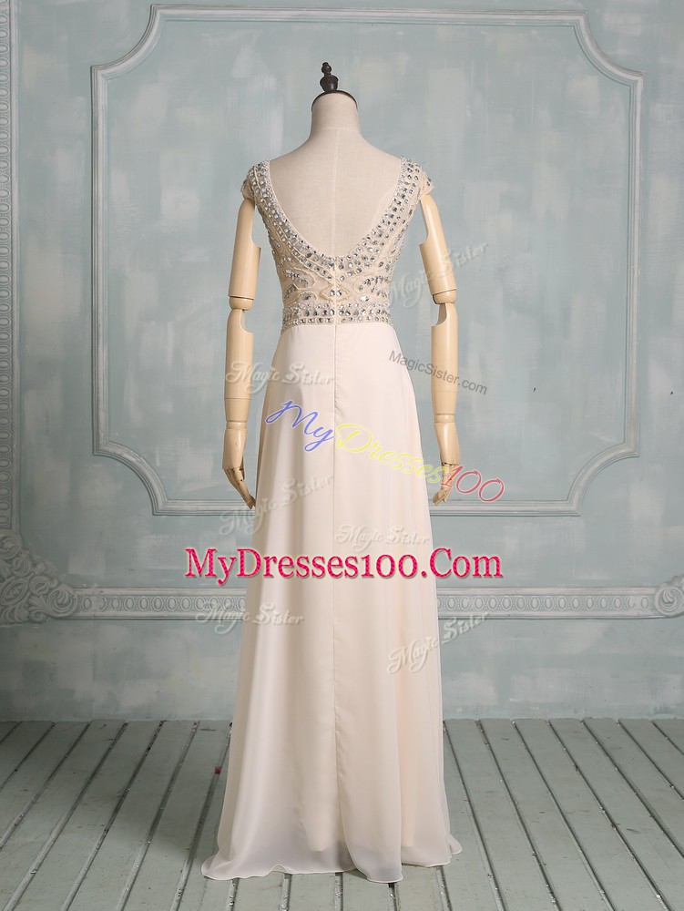 Beading Bridal Gown Champagne Zipper Cap Sleeves Floor Length