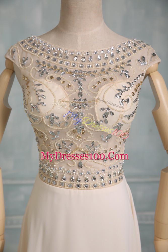 Beading Bridal Gown Champagne Zipper Cap Sleeves Floor Length