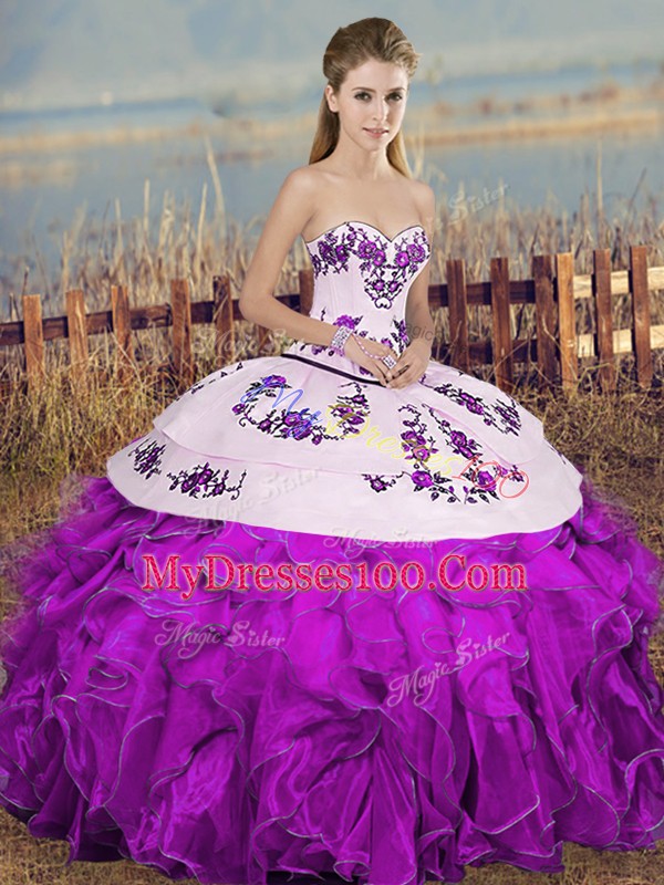 White And Purple Lace Up Sweetheart Embroidery and Ruffles and Bowknot Quinceanera Dress Organza Sleeveless