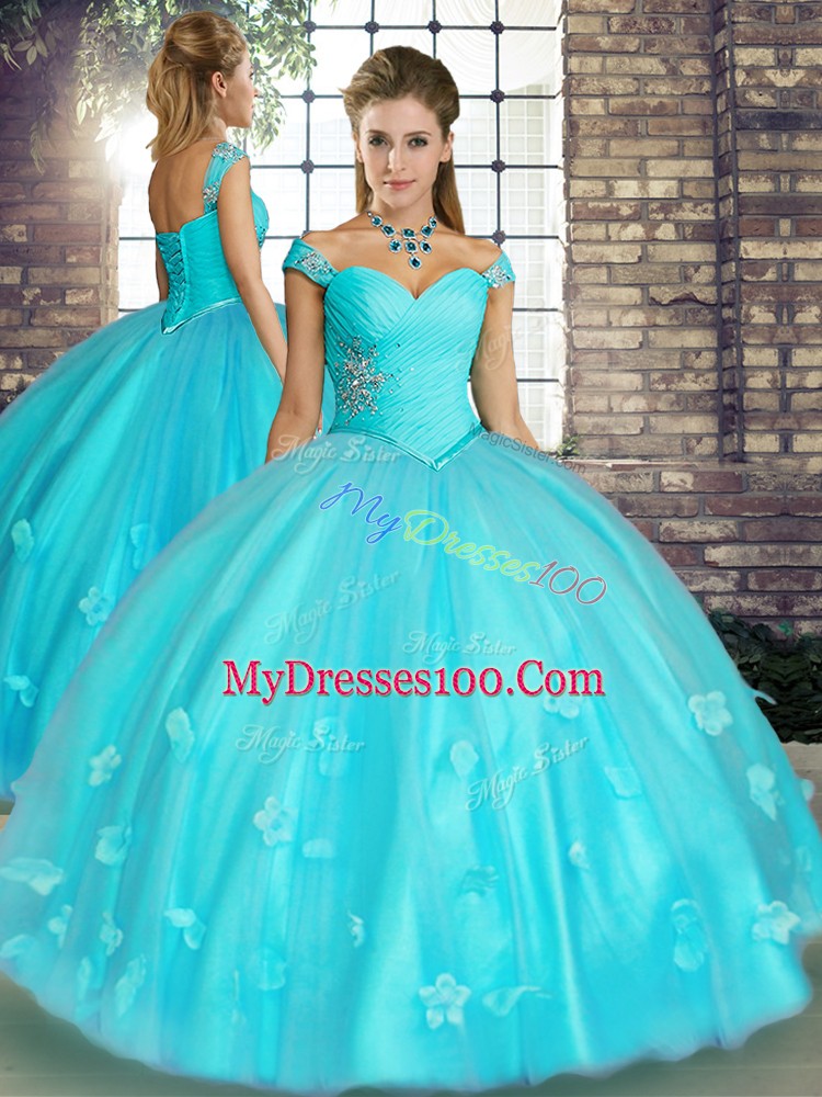 Pretty Aqua Blue Lace Up Off The Shoulder Beading and Appliques Quinceanera Gown Tulle Sleeveless