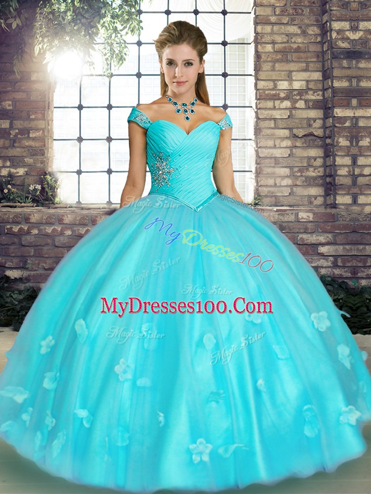 Pretty Aqua Blue Lace Up Off The Shoulder Beading and Appliques Quinceanera Gown Tulle Sleeveless