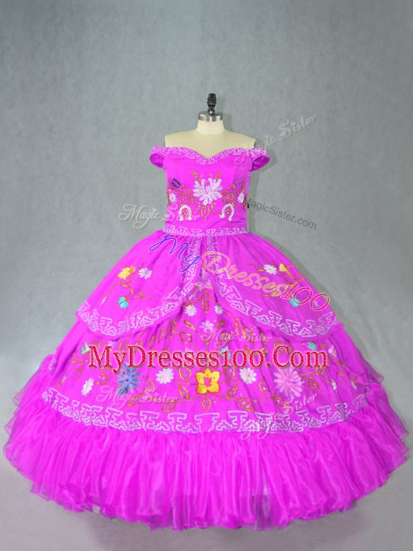 Floor Length Fuchsia Sweet 16 Quinceanera Dress Satin Sleeveless Embroidery