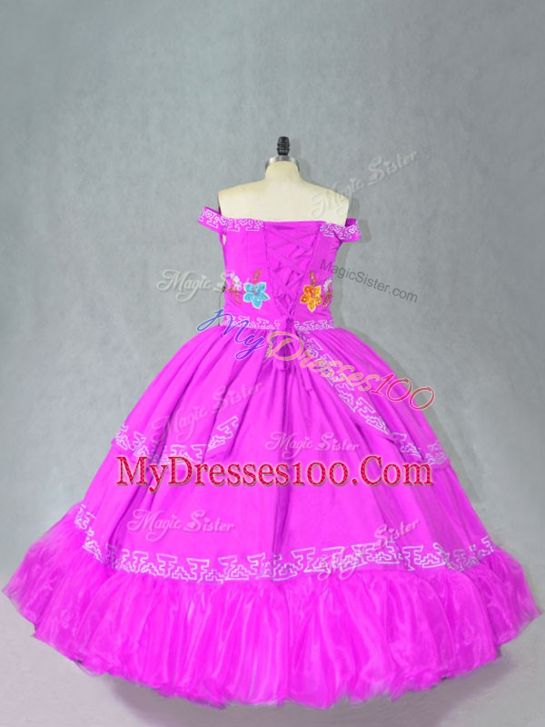 Floor Length Fuchsia Sweet 16 Quinceanera Dress Satin Sleeveless Embroidery
