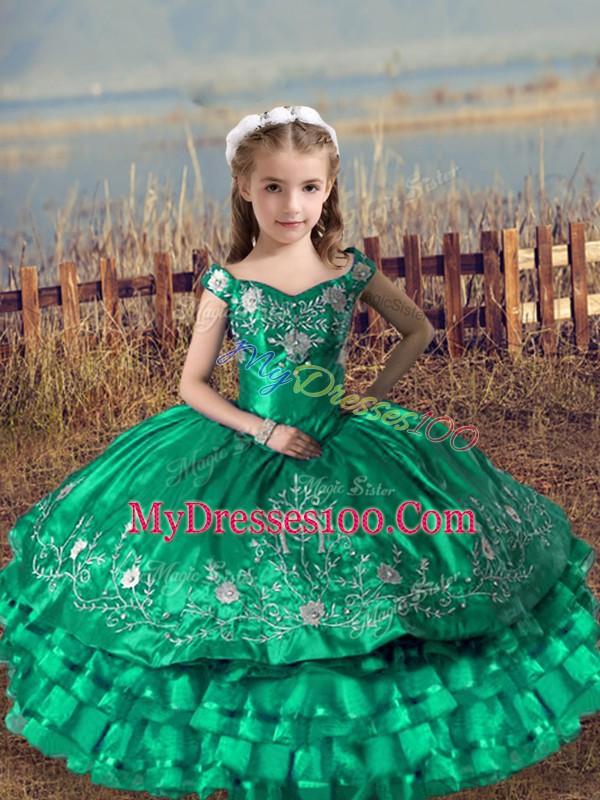 Turquoise Lace Up Off The Shoulder Embroidery and Ruffled Layers Pageant Dresses Satin and Organza Sleeveless