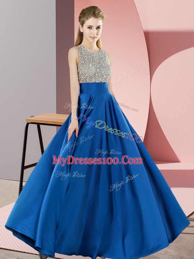 Shining Blue Elastic Woven Satin Backless Scoop Sleeveless Floor Length Hoco Dress Beading