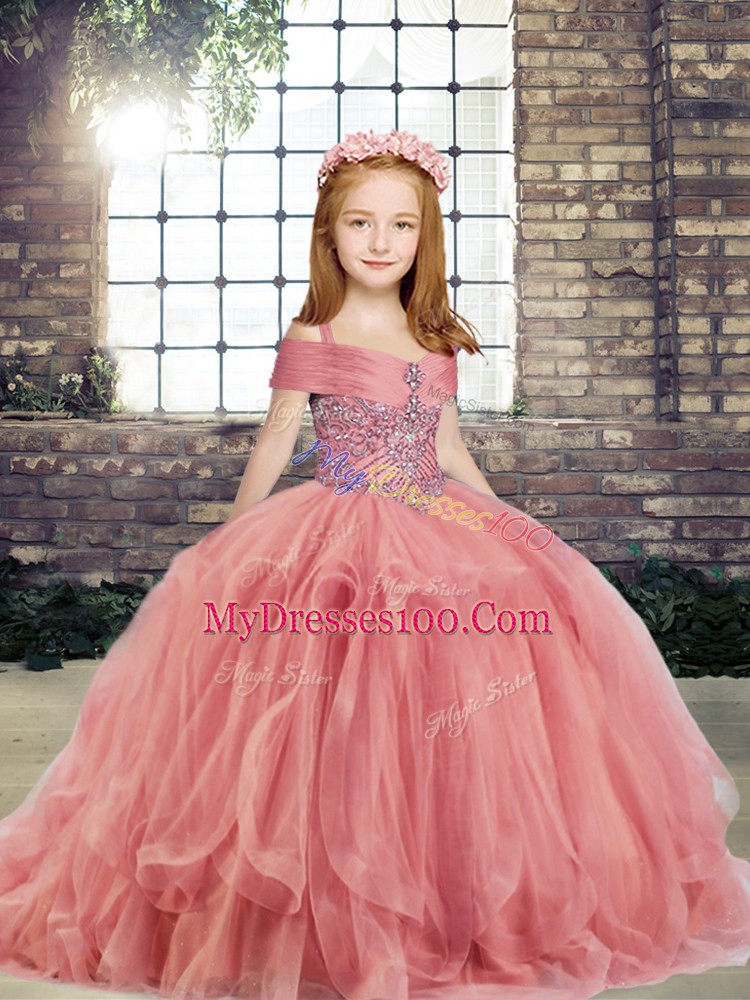 Glorious Watermelon Red Straps Neckline Beading Little Girls Pageant Gowns Sleeveless Lace Up