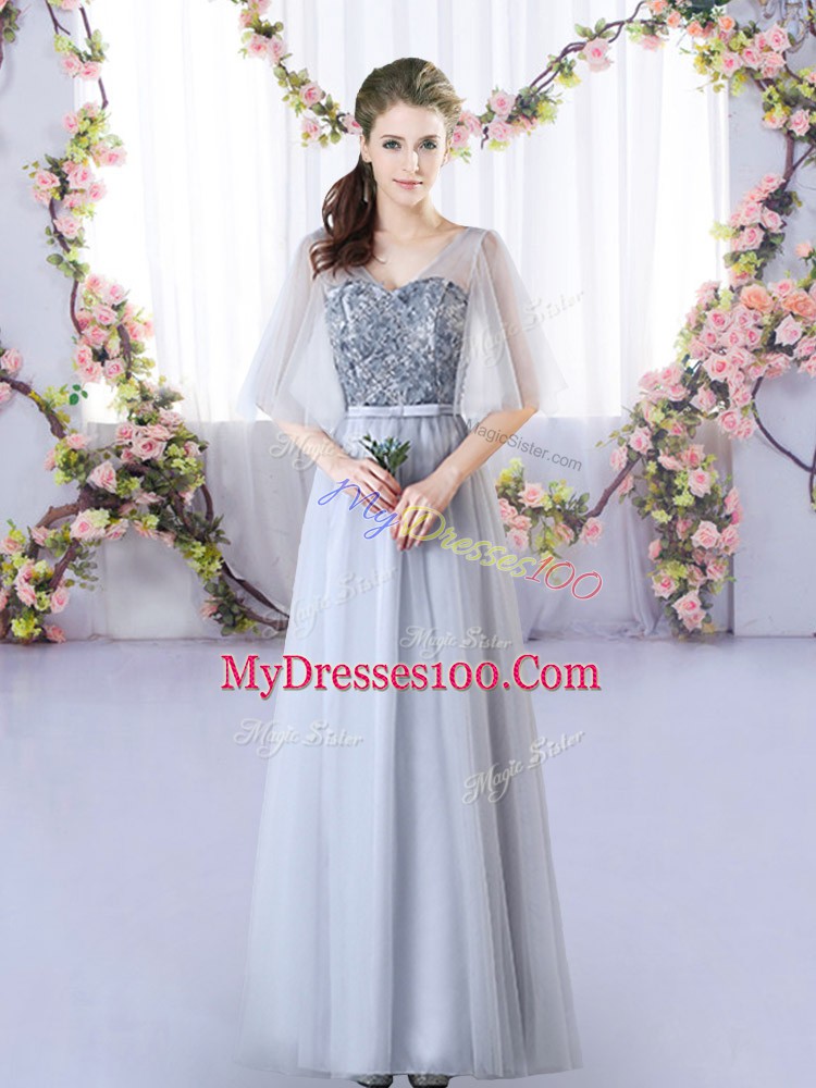Grey Empire Tulle V-neck Sleeveless Appliques Floor Length Lace Up Court Dresses for Sweet 16