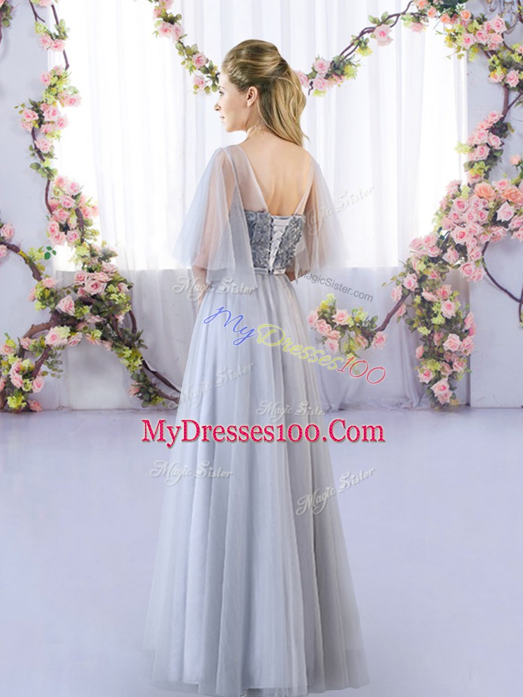 Grey Empire Tulle V-neck Sleeveless Appliques Floor Length Lace Up Court Dresses for Sweet 16