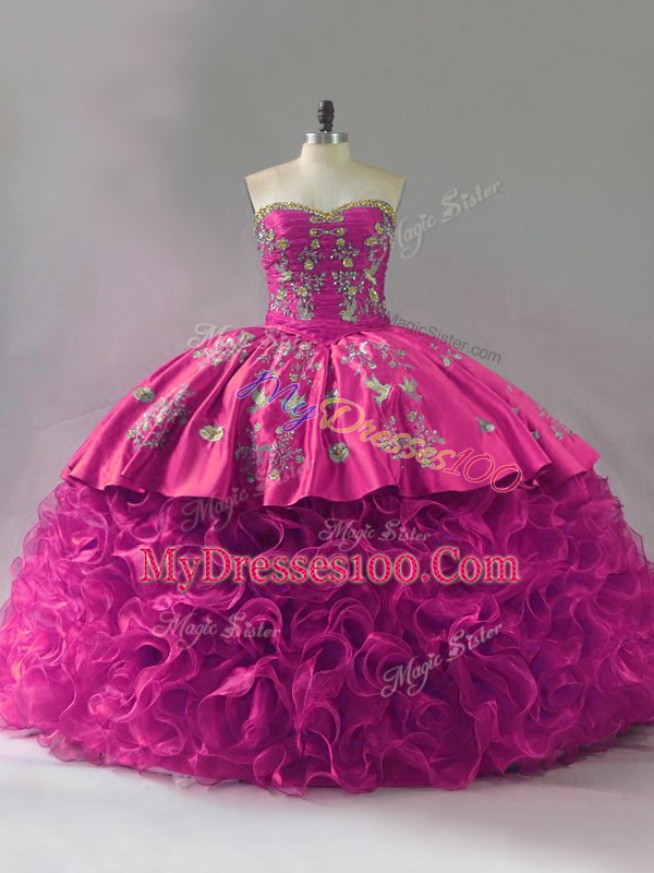 Sleeveless Floor Length Embroidery and Ruffles Lace Up Quinceanera Dress with Fuchsia