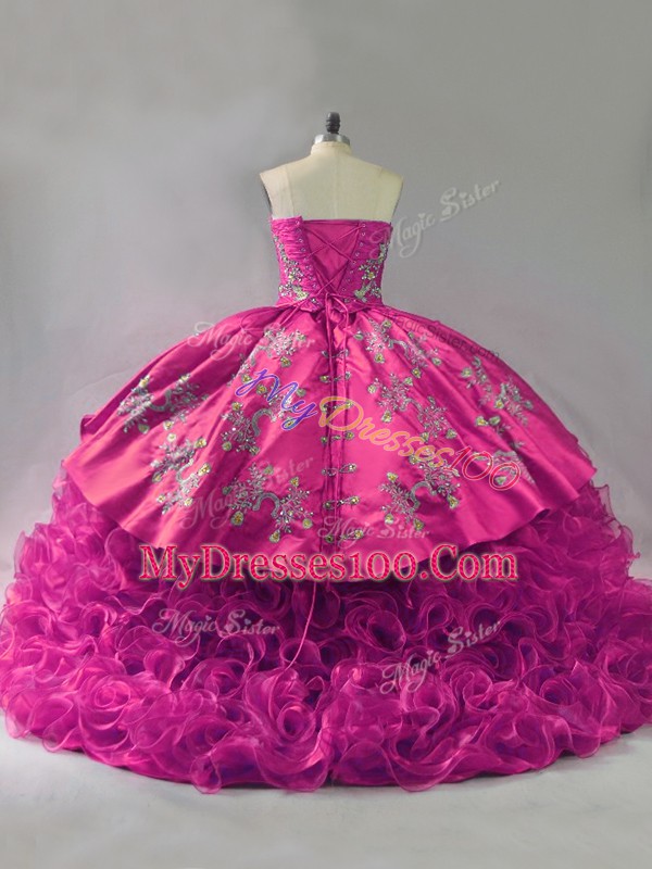 Sleeveless Floor Length Embroidery and Ruffles Lace Up Quinceanera Dress with Fuchsia
