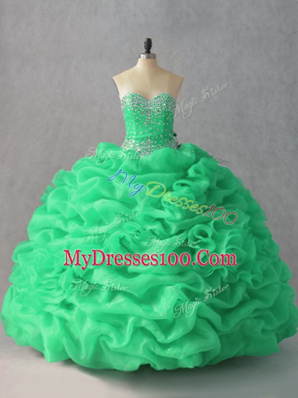 Comfortable Green Organza Lace Up Vestidos de Quinceanera Sleeveless Floor Length Beading and Pick Ups and Hand Made Flower