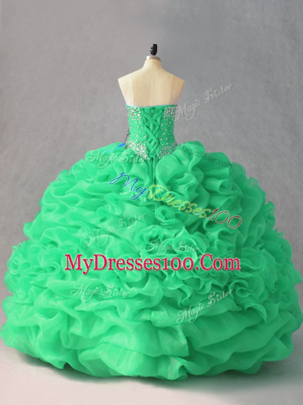 Comfortable Green Organza Lace Up Vestidos de Quinceanera Sleeveless Floor Length Beading and Pick Ups and Hand Made Flower