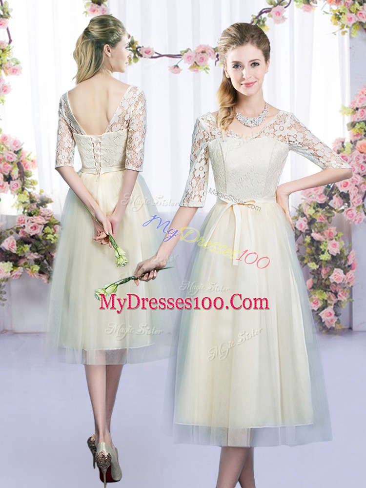 Half Sleeves Tea Length Lace and Bowknot Lace Up Quinceanera Dama Dress with Champagne