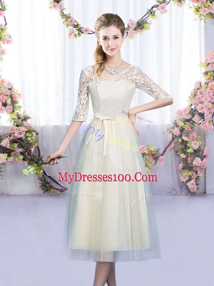 Half Sleeves Tea Length Lace and Bowknot Lace Up Quinceanera Dama Dress with Champagne
