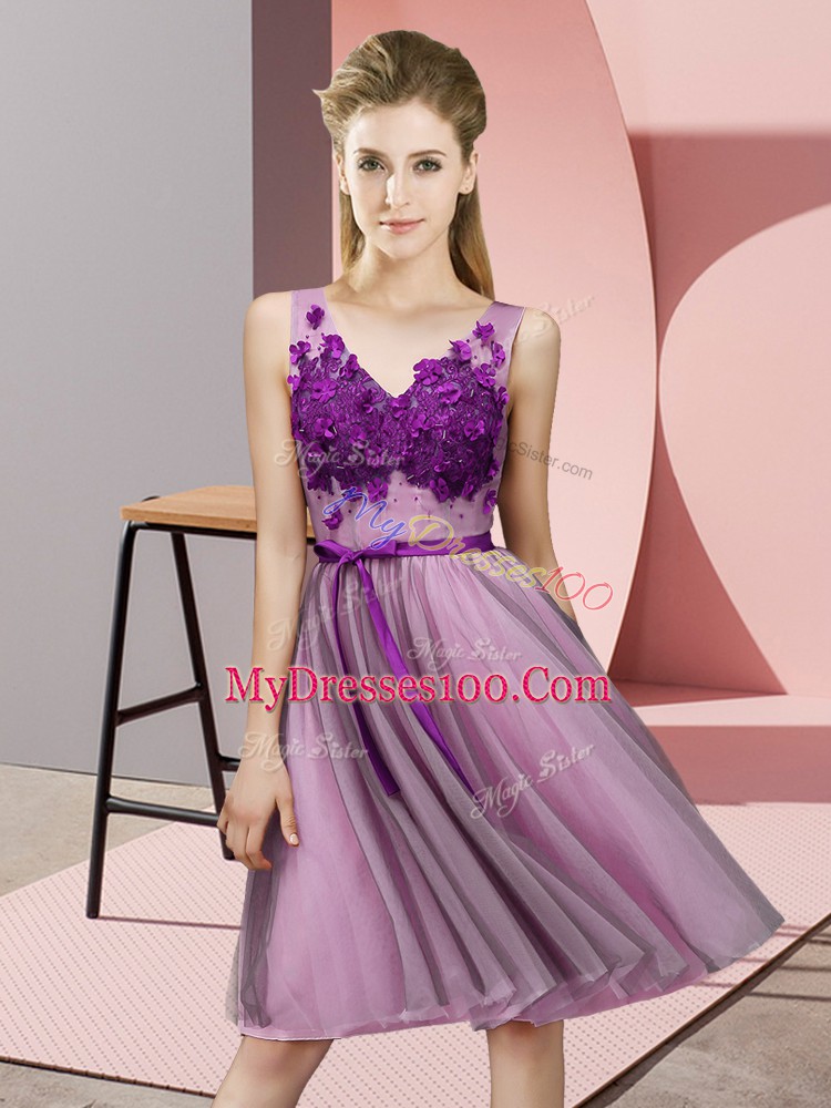 Lilac Sleeveless Knee Length Appliques Lace Up Bridesmaid Dress