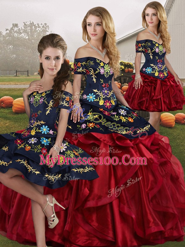 Colorful Red And Black Ball Gowns Embroidery and Ruffles 15 Quinceanera Dress Lace Up Organza Sleeveless Floor Length