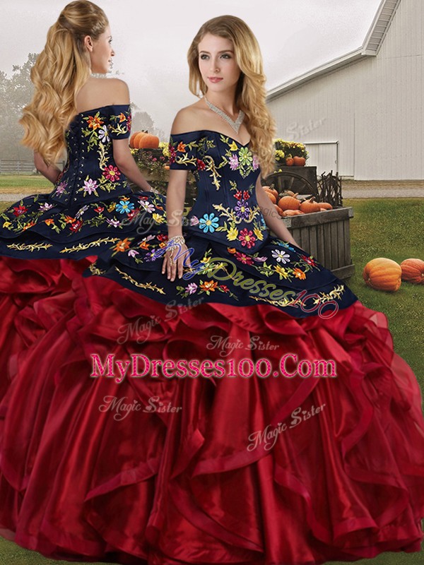 Colorful Red And Black Ball Gowns Embroidery and Ruffles 15 Quinceanera Dress Lace Up Organza Sleeveless Floor Length