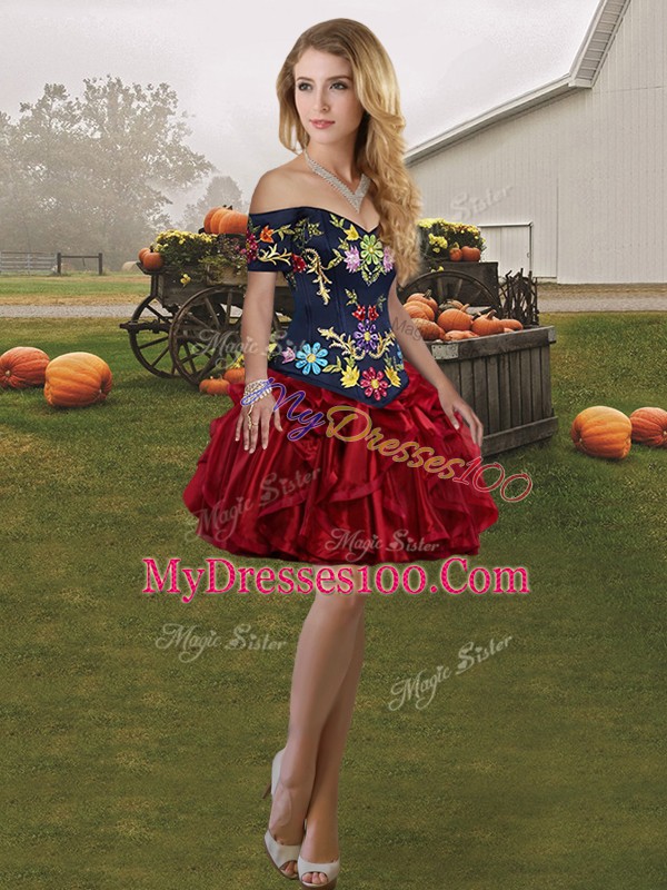 Colorful Red And Black Ball Gowns Embroidery and Ruffles 15 Quinceanera Dress Lace Up Organza Sleeveless Floor Length