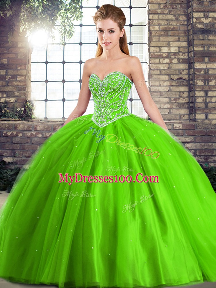 Lace Up Sweetheart Beading Quinceanera Gowns Tulle Sleeveless Brush Train