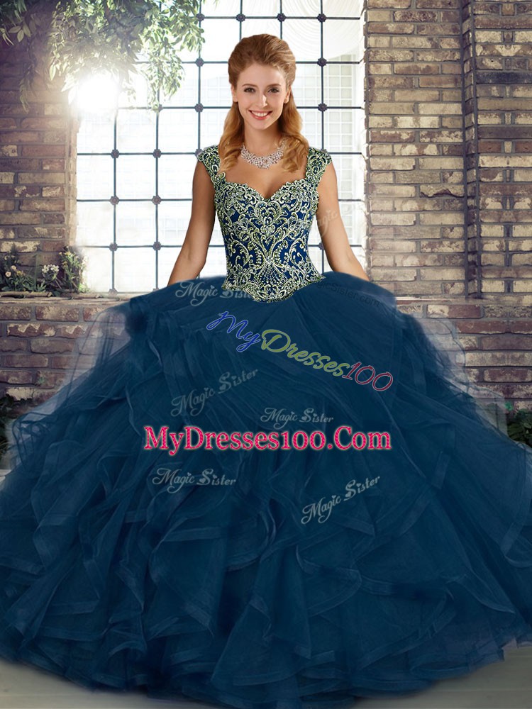 Blue Sleeveless Tulle Lace Up Quinceanera Gown for Military Ball and Sweet 16 and Quinceanera