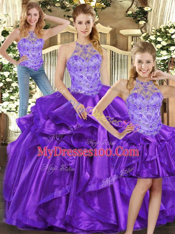 Purple Sleeveless Beading and Ruffles Floor Length Quinceanera Gowns