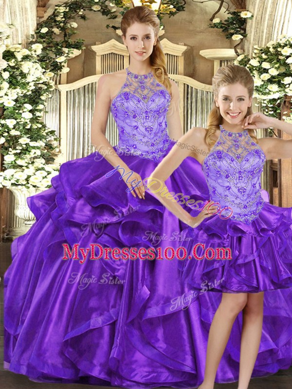 Purple Sleeveless Beading and Ruffles Floor Length Quinceanera Gowns