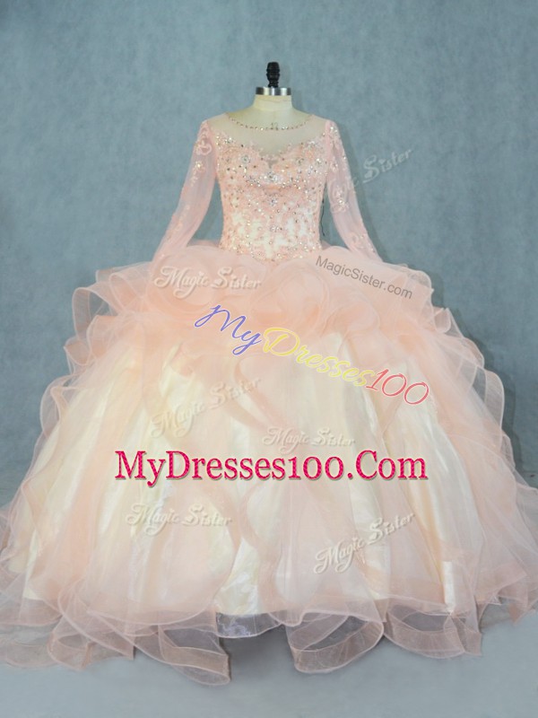 Luxury Beading and Ruffles Vestidos de Quinceanera Peach Lace Up Long Sleeves Floor Length