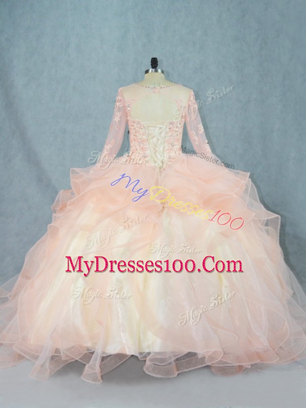 Luxury Beading and Ruffles Vestidos de Quinceanera Peach Lace Up Long Sleeves Floor Length