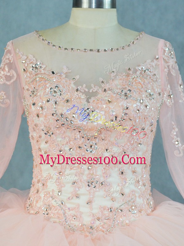 Luxury Beading and Ruffles Vestidos de Quinceanera Peach Lace Up Long Sleeves Floor Length