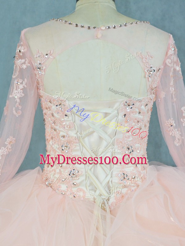 Luxury Beading and Ruffles Vestidos de Quinceanera Peach Lace Up Long Sleeves Floor Length