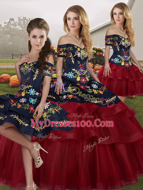 Flare Off The Shoulder Sleeveless Brush Train Lace Up Sweet 16 Quinceanera Dress Wine Red Tulle