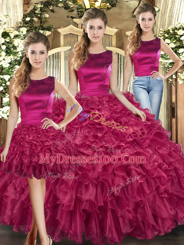 Most Popular Fuchsia Quinceanera Dress Military Ball and Sweet 16 and Quinceanera with Ruffles Scoop Sleeveless Lace Up