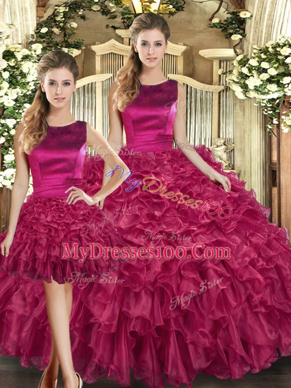 Most Popular Fuchsia Quinceanera Dress Military Ball and Sweet 16 and Quinceanera with Ruffles Scoop Sleeveless Lace Up