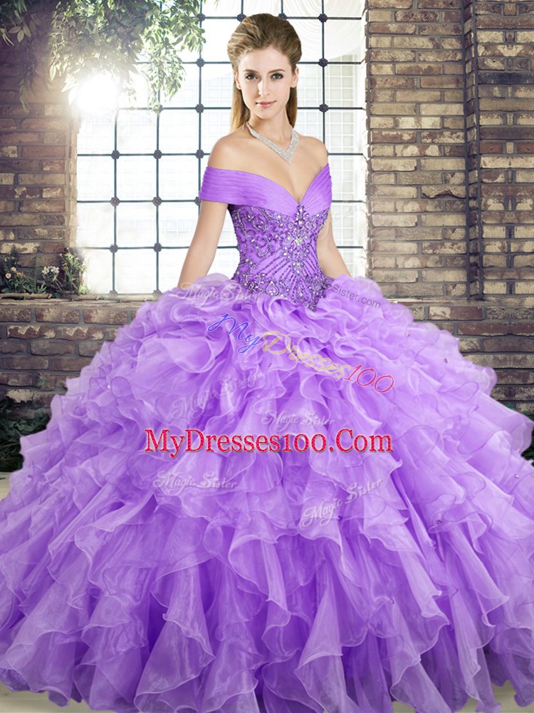 Lavender Ball Gowns Beading and Ruffles Quinceanera Gowns Lace Up Organza Sleeveless