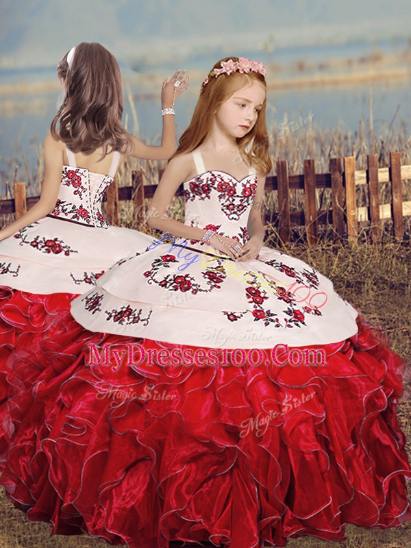 Organza Straps Sleeveless Lace Up Embroidery and Ruffles Glitz Pageant Dress in Red