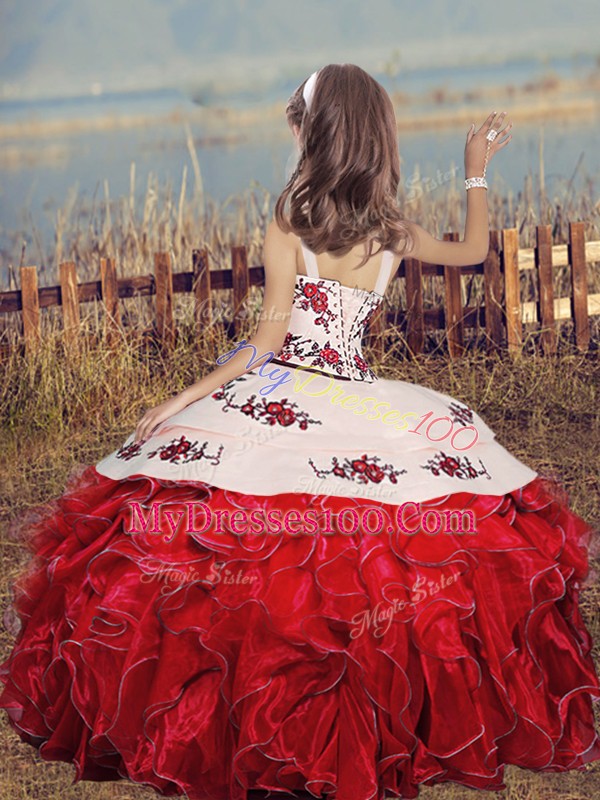Organza Straps Sleeveless Lace Up Embroidery and Ruffles Glitz Pageant Dress in Red