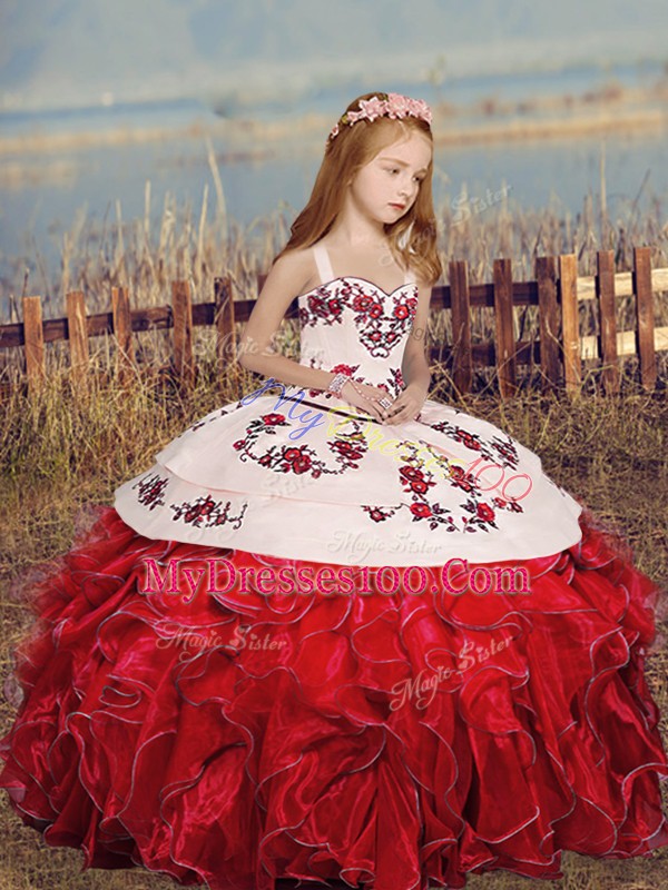 Organza Straps Sleeveless Lace Up Embroidery and Ruffles Glitz Pageant Dress in Red