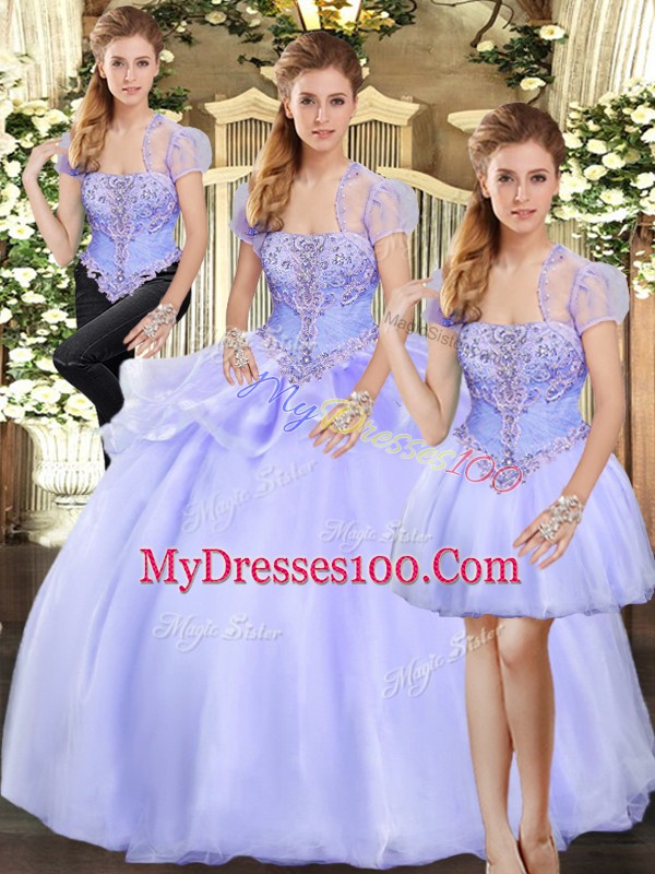 Three Pieces Quince Ball Gowns Lavender Strapless Organza Sleeveless Floor Length Lace Up