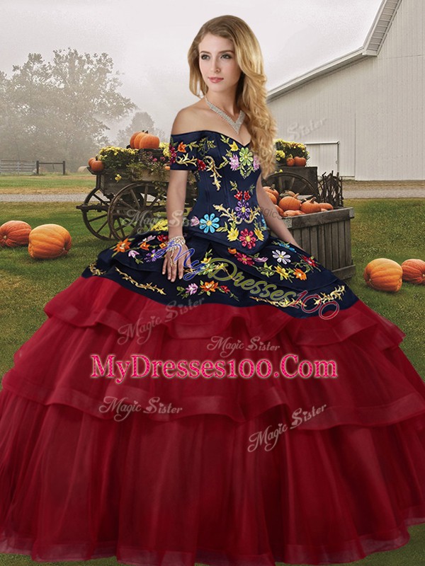 Wine Red Tulle Lace Up Quince Ball Gowns Sleeveless Brush Train Embroidery and Ruffled Layers