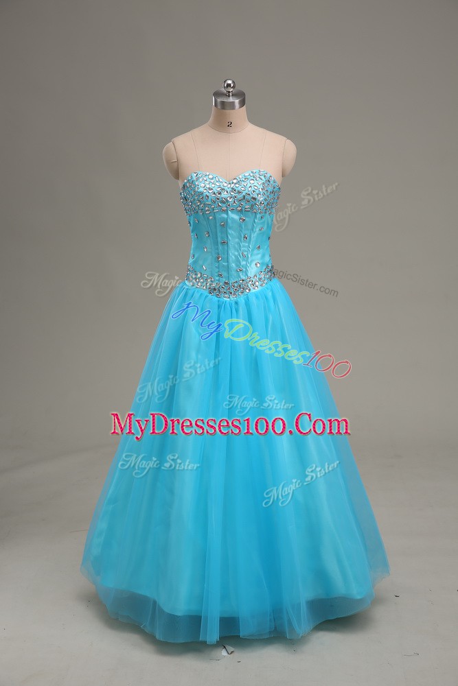 Tulle Sweetheart Sleeveless Lace Up Beading Prom Party Dress in Aqua Blue