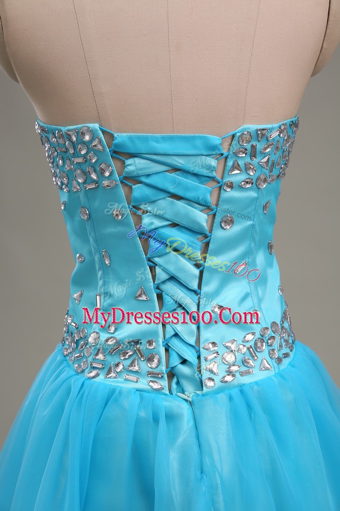 Tulle Sweetheart Sleeveless Lace Up Beading Prom Party Dress in Aqua Blue
