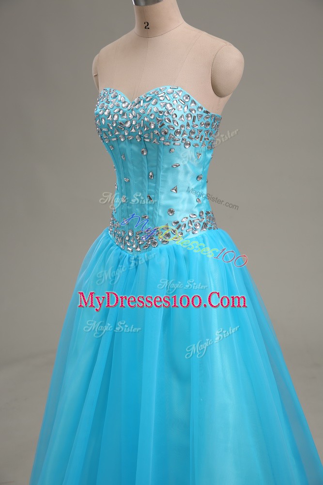 Tulle Sweetheart Sleeveless Lace Up Beading Prom Party Dress in Aqua Blue