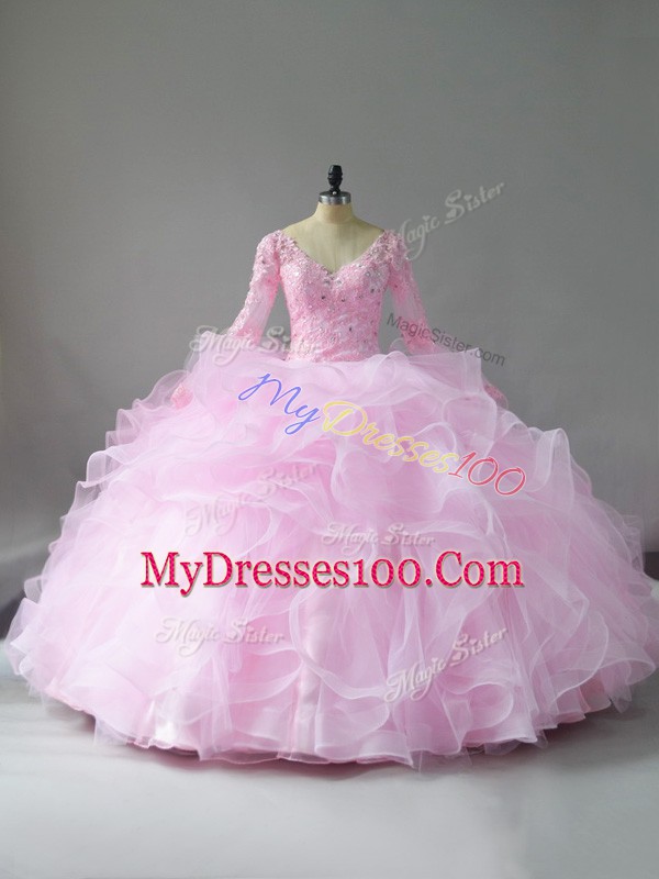 Superior V-neck Long Sleeves Lace Up Sweet 16 Quinceanera Dress Pink Tulle