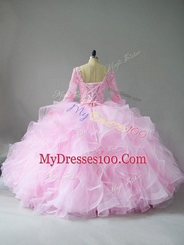 Superior V-neck Long Sleeves Lace Up Sweet 16 Quinceanera Dress Pink Tulle