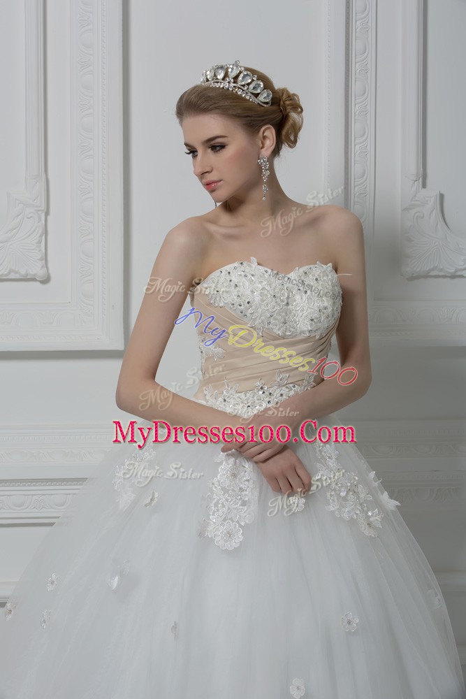 Glamorous Sweetheart Sleeveless Wedding Gown Floor Length Beading and Appliques White Tulle